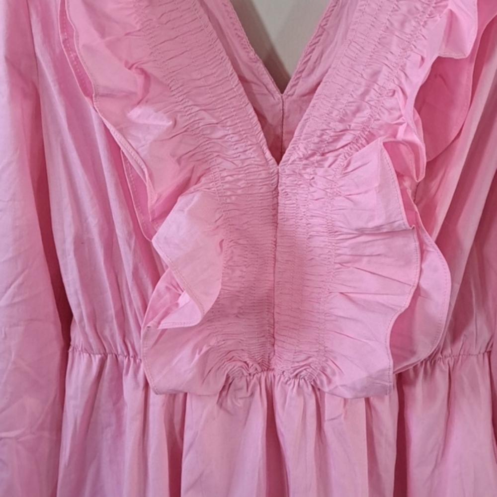 NWT Strut & Bolt Smocked Pink Ruffles Deep V-Neck Stretch Fun Girly Short Dress - Picture 9 of 13